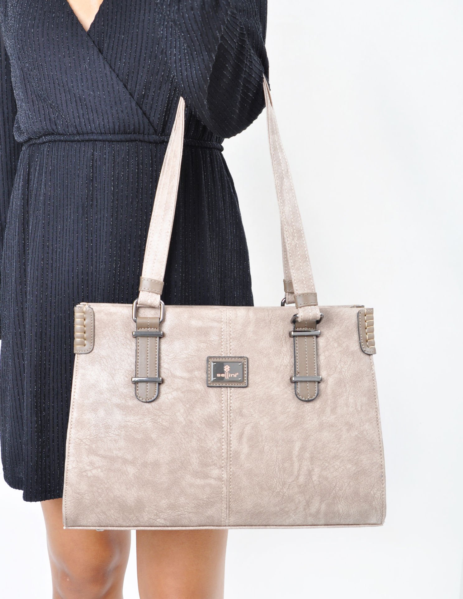 Sellini 3 Bölmeli Krem Vizon Kadın Omuz Çantası 456