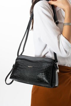 Sellini Timsah Siyah Çok Gözlü Kadın Portföy Çapraz Clutch Çanta 284