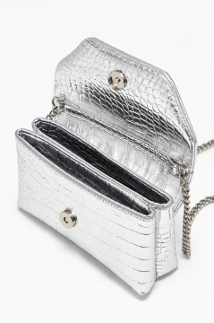 Clutch Kroko Desenli Zincir Askılı June Gümüş Omuz Çanta