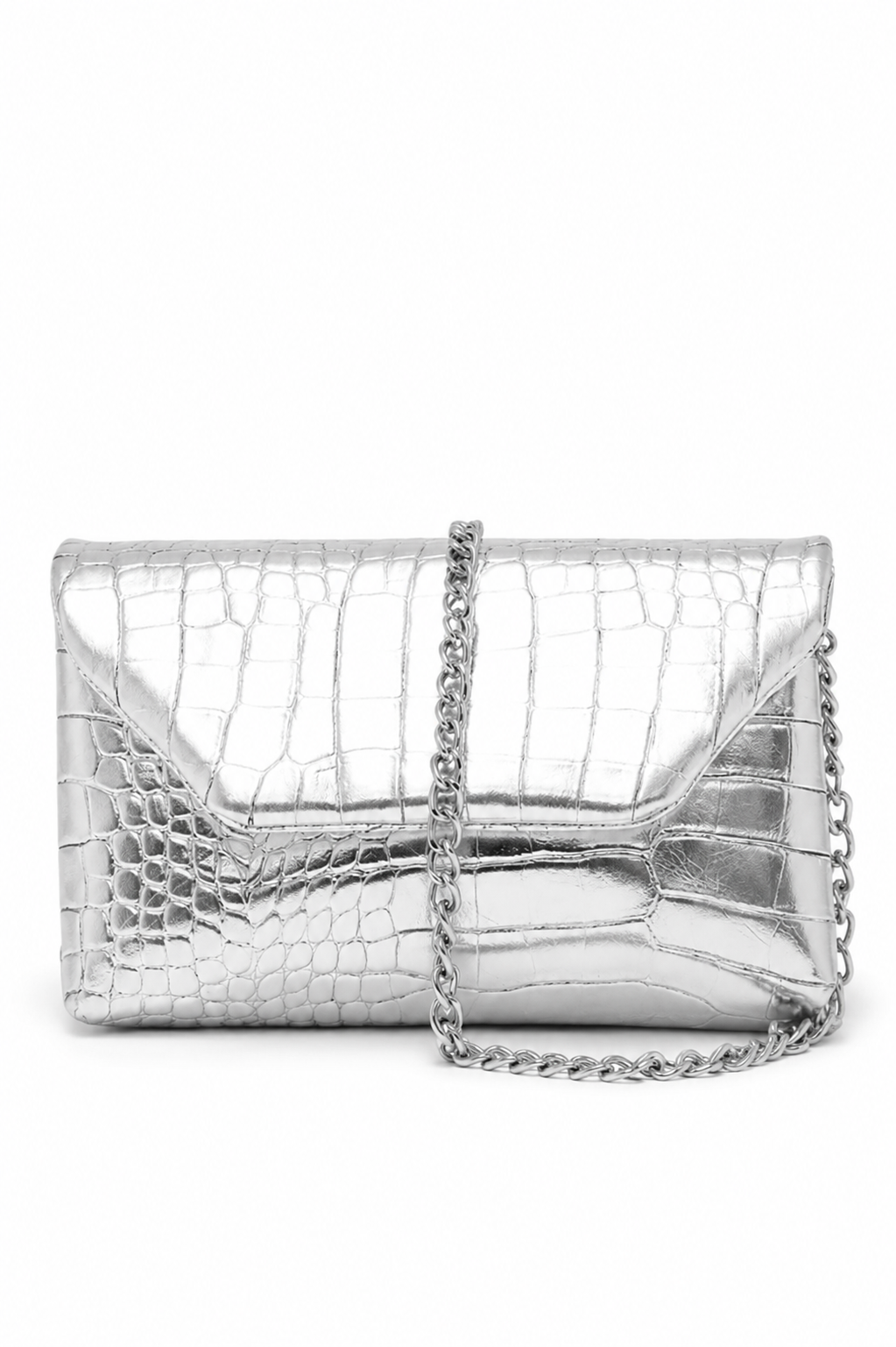 Clutch Kroko Desenli Zincir Askılı June Gümüş Omuz Çanta