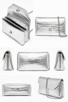 Clutch Kroko Desenli Zincir Askılı June Gümüş Omuz Çanta