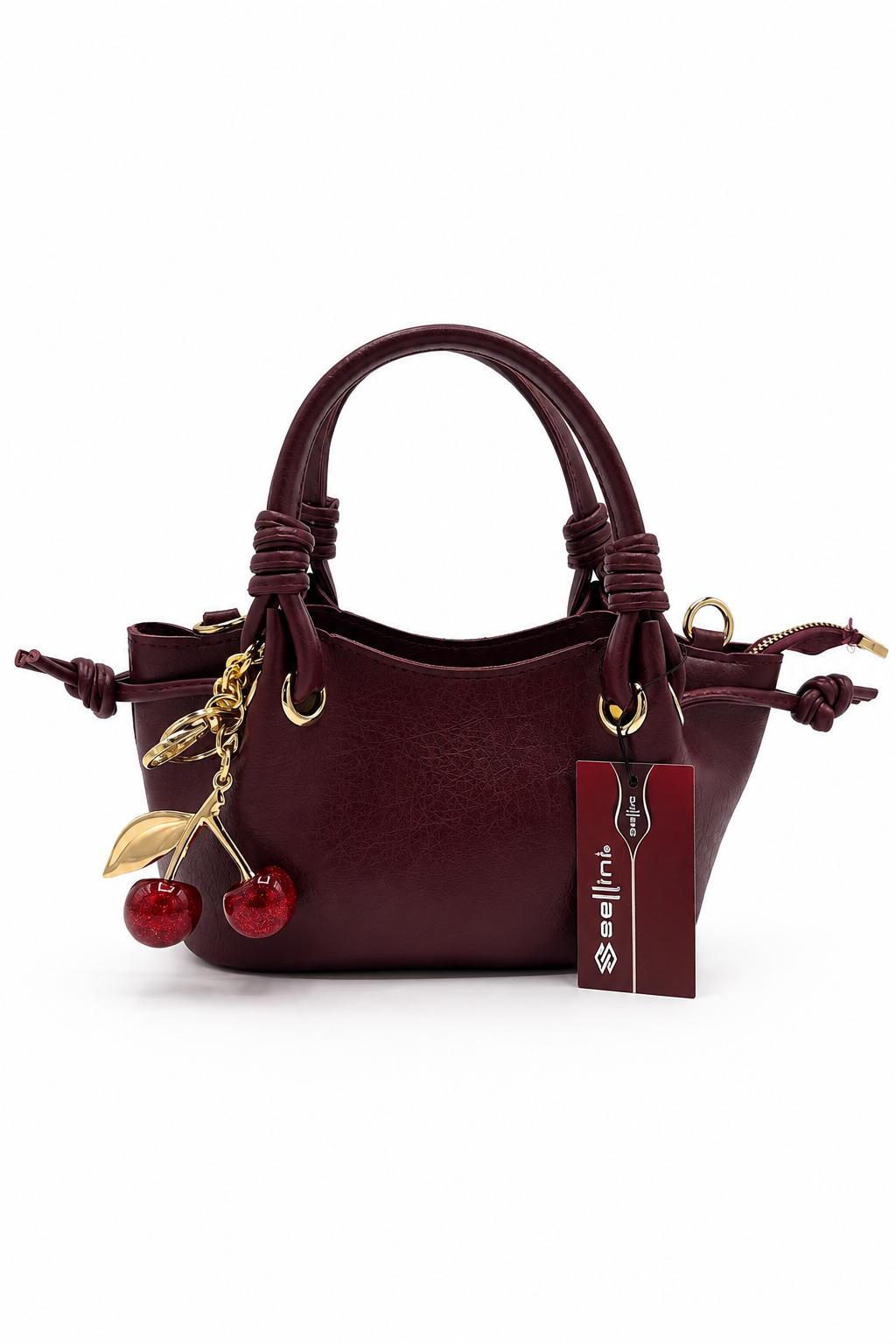 Cherry Kadın Bordo El ve Omuz çantası Kiraz Charm Aksesuarlı