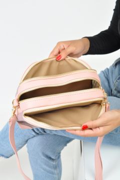 Sellini Pembe Keten Kumaşlı 3 Gözlü Kadın Omuz ve Çapraz Çanta 741
