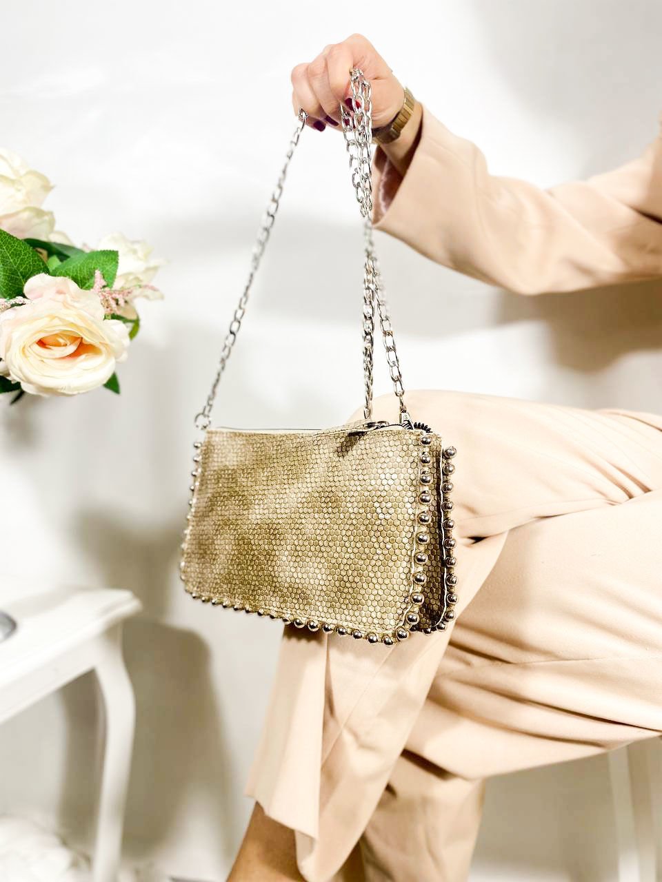 Sellini Kadın Vizon Yılan Desenli Zincirli Omuz ve Kol Çantası