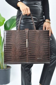 Sellini Unisex Kroko Kahverengi Ayarlanabilir Askılı Büyük Evrak,Bilgisayar,İş ve okul çantası 901