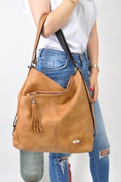 Sellini Çok Gözlü Salaş Camel Kadın El,Omuz Ve Sırt Çantası