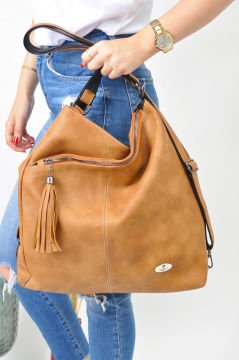 Sellini Çok Gözlü Salaş Camel Kadın El,Omuz Ve Sırt Çantası