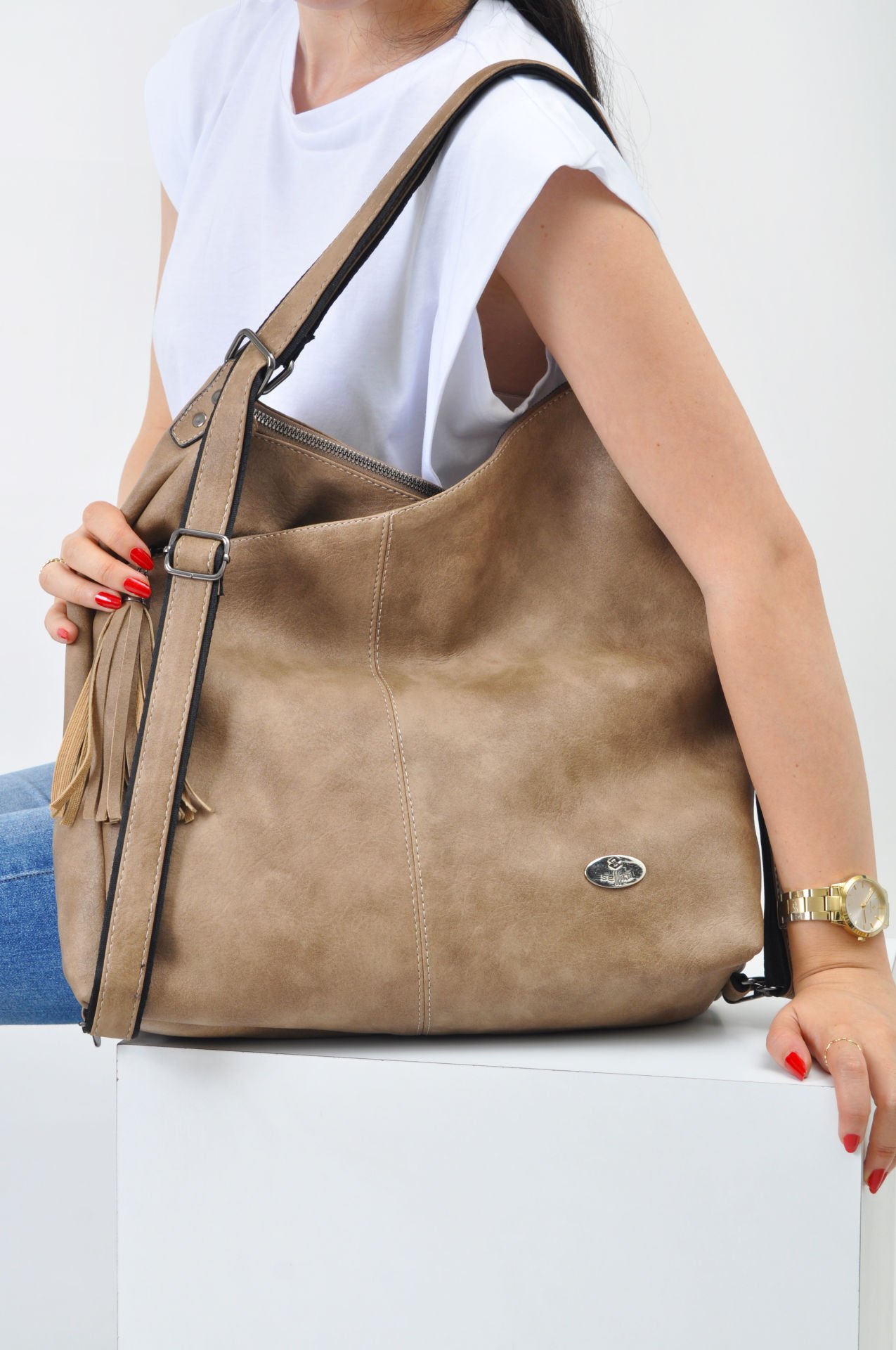 Sellini Çok Gözlü Salaş Kum Kadın El,Omuz Ve Sırt Çantası