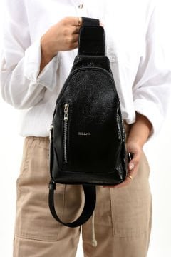 Sellini Unisex Rugan Siyah Çapraz Askılı  Omuz Bel ve Göğüs Çantası Bodybag 214