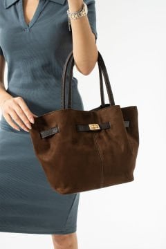 Sellini Kahverengi Süet Nubuk Suni Deri Mıknatıs Kapamalı Çapraz Askılı Kadın El Ve Omuz Çantası 570