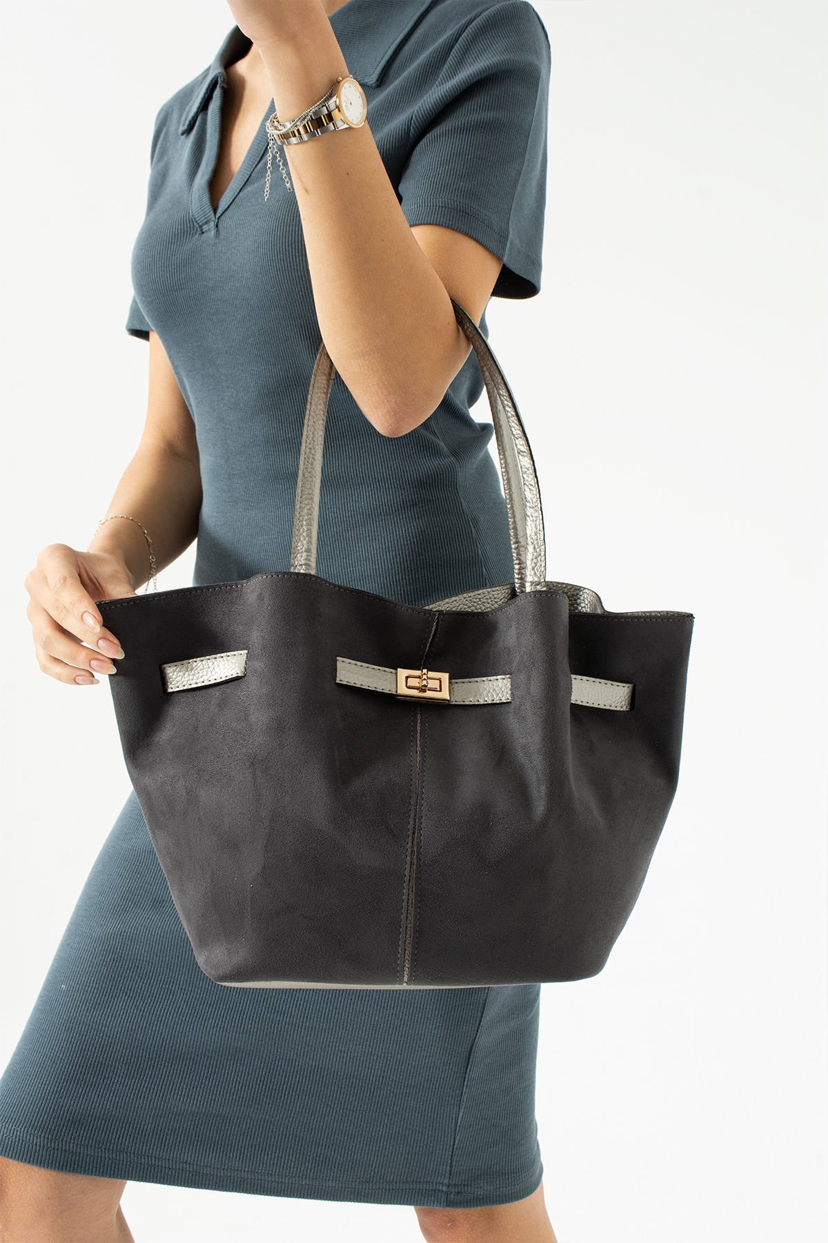 Sellini Gri Süet Nubuk Suni Deri Mıknatıs Kapamalı Çapraz Askılı Kadın El Ve Omuz Çantası 570