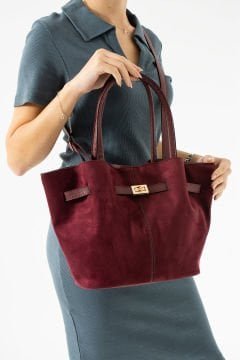 Sellini Bordo Süet Nubuk Suni Deri Mıknatıs Kapamalı Çapraz Askılı Kadın El Ve Omuz Çantası 570