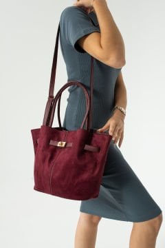 Sellini Bordo Süet Nubuk Suni Deri Mıknatıs Kapamalı Çapraz Askılı Kadın El Ve Omuz Çantası 570