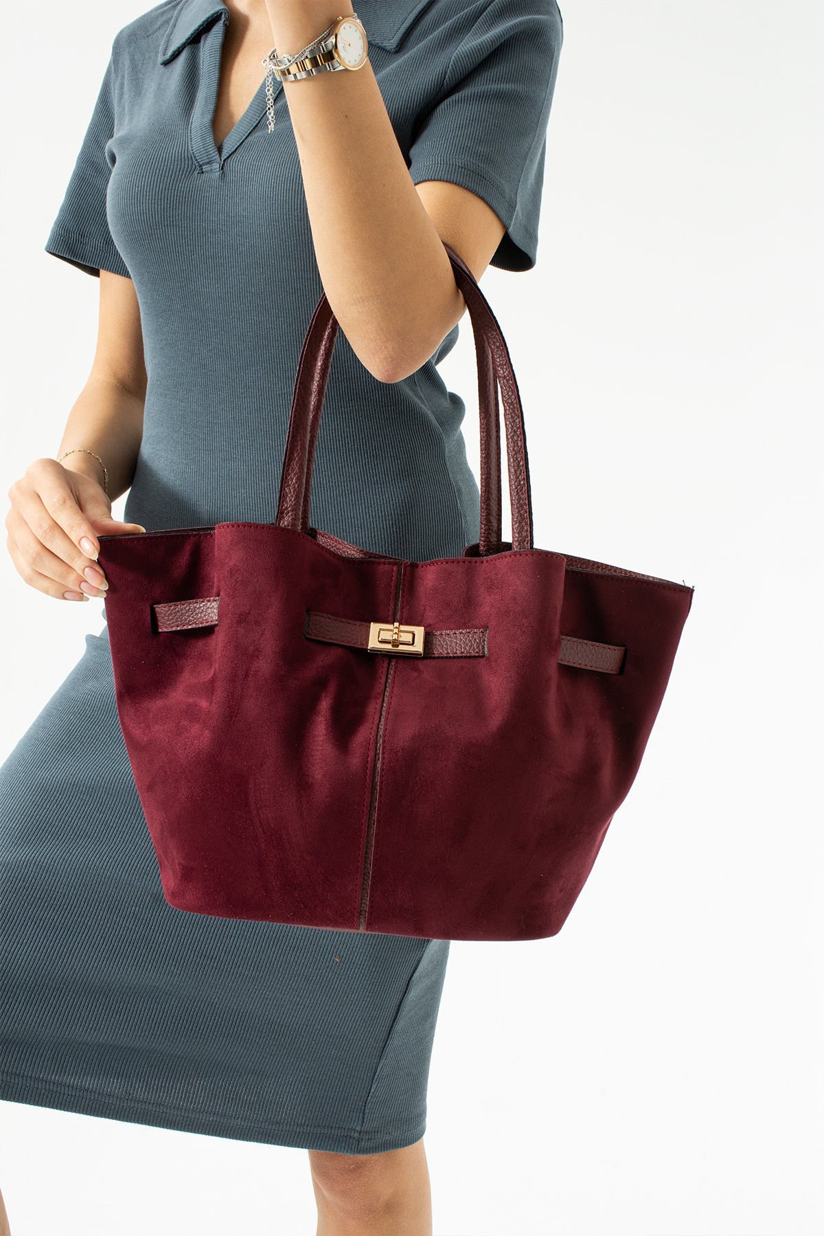 Sellini Bordo Süet Nubuk Suni Deri Mıknatıs Kapamalı Çapraz Askılı Kadın El Ve Omuz Çantası 570