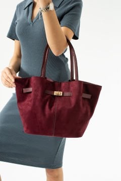 Sellini Bordo Süet Nubuk Suni Deri Mıknatıs Kapamalı Çapraz Askılı Kadın El Ve Omuz Çantası 570