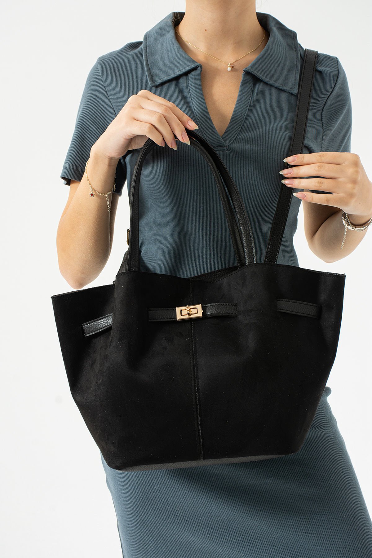 Sellini Siyah Süet Nubuk Suni Deri Mıknatıs Kapamalı Çapraz Askılı Kadın El Ve Omuz Çantası 570