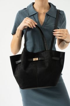 Sellini Siyah Süet Nubuk Suni Deri Mıknatıs Kapamalı Çapraz Askılı Kadın El Ve Omuz Çantası 570