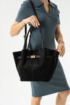 Sellini Siyah Süet Nubuk Suni Deri Mıknatıs Kapamalı Çapraz Askılı Kadın El Ve Omuz Çantası 570