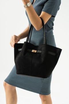 Sellini Siyah Süet Nubuk Suni Deri Mıknatıs Kapamalı Çapraz Askılı Kadın El Ve Omuz Çantası 570