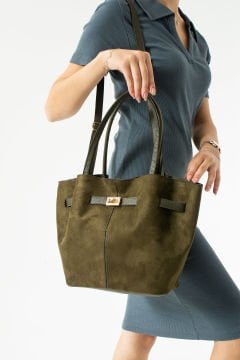 Sellini Haki Yeşil Süet Nubuk Suni Deri Mıknatıs Kapamalı Çapraz Askılı Kadın El Ve Omuz Çantası 570