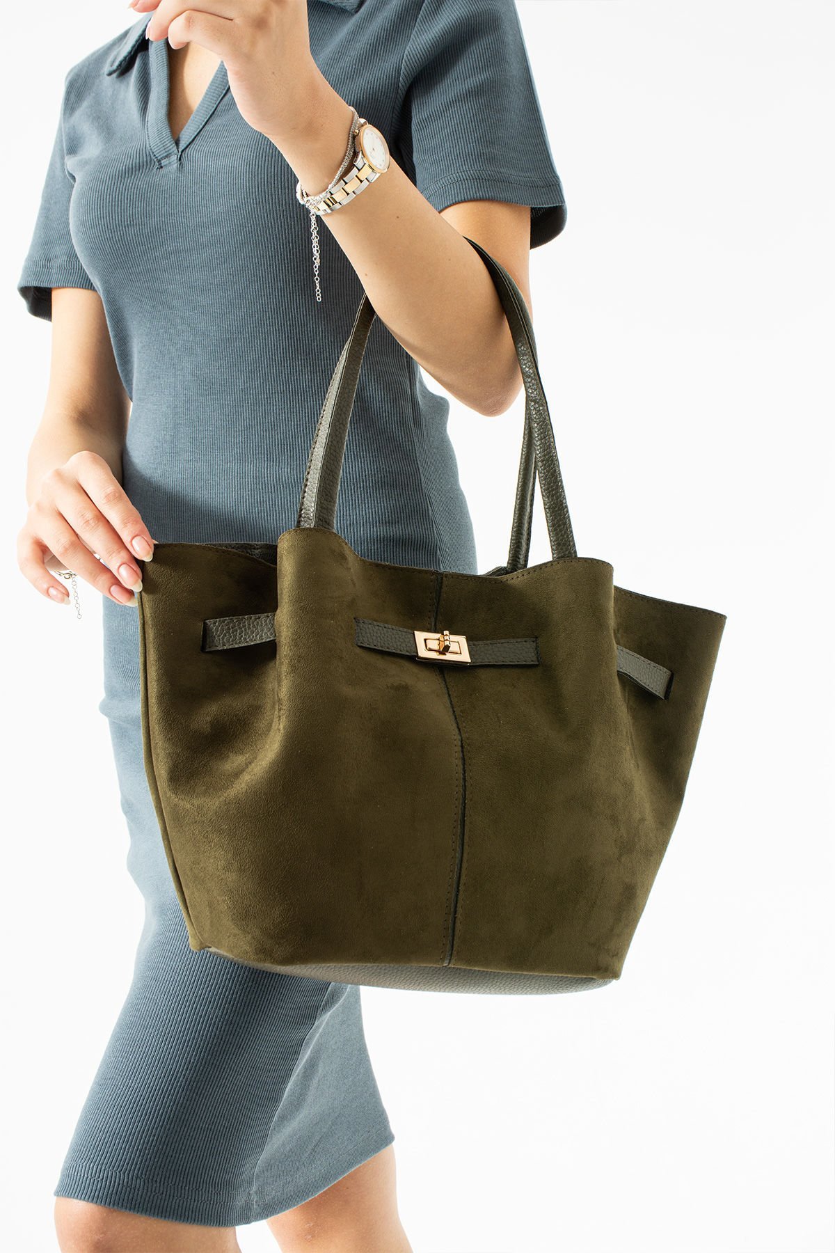 Sellini Haki Yeşil Süet Nubuk Suni Deri Mıknatıs Kapamalı Çapraz Askılı Kadın El Ve Omuz Çantası 570