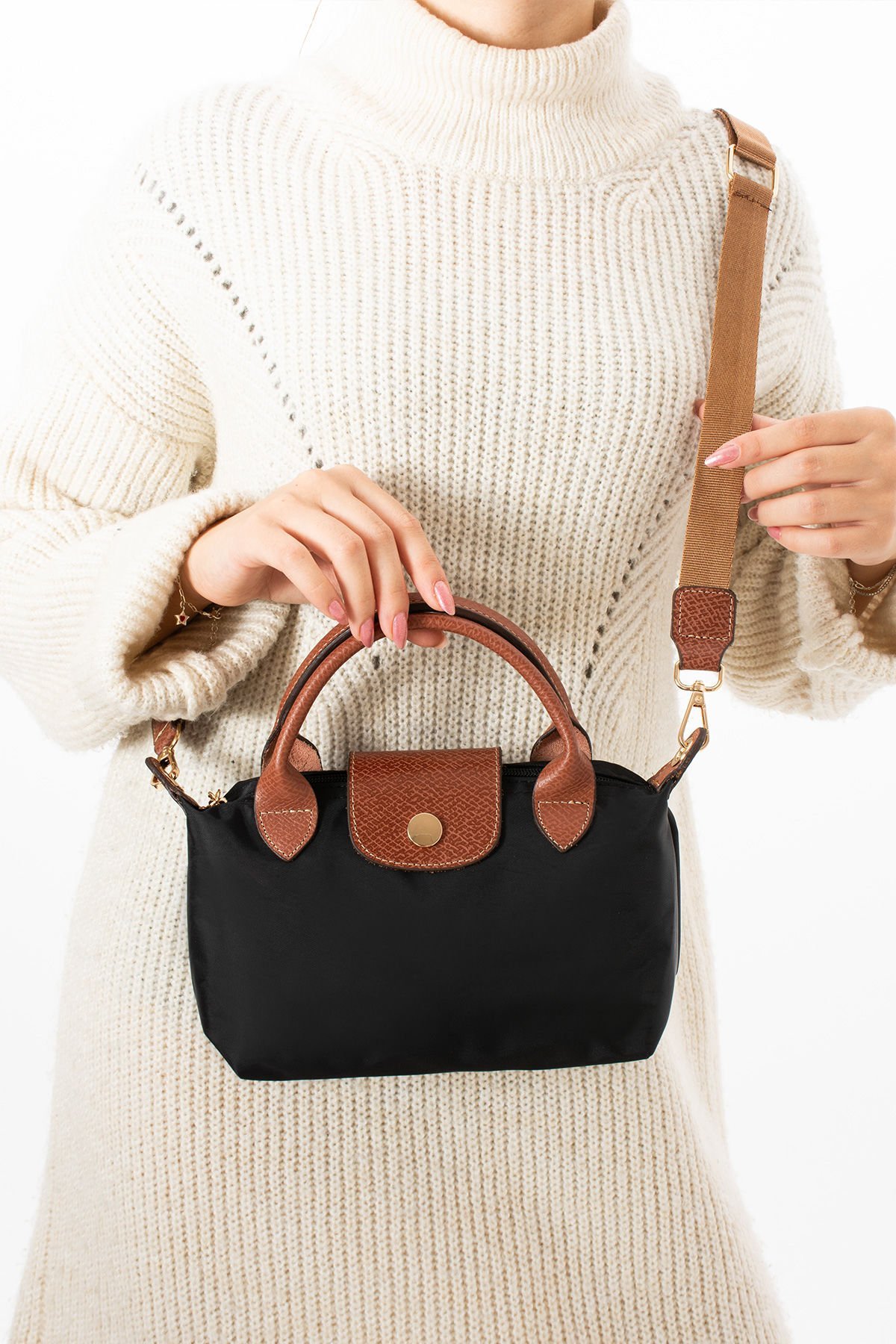 SELLİNİ KADIN SİYAH TABA ÇİFT DERİ SAPLI EL OMUZ VE ÇAPRAZ ÇANTASI 001