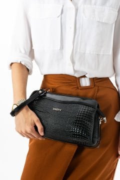 Sellini Timsah Siyah Çok Gözlü Kadın Portföy Çapraz Clutch Çanta 284