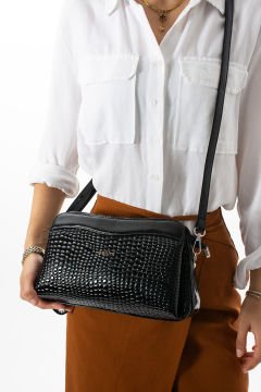 Sellini Kroko Siyah Çok Gözlü Kadın Portföy Çapraz Clutch Çanta 284