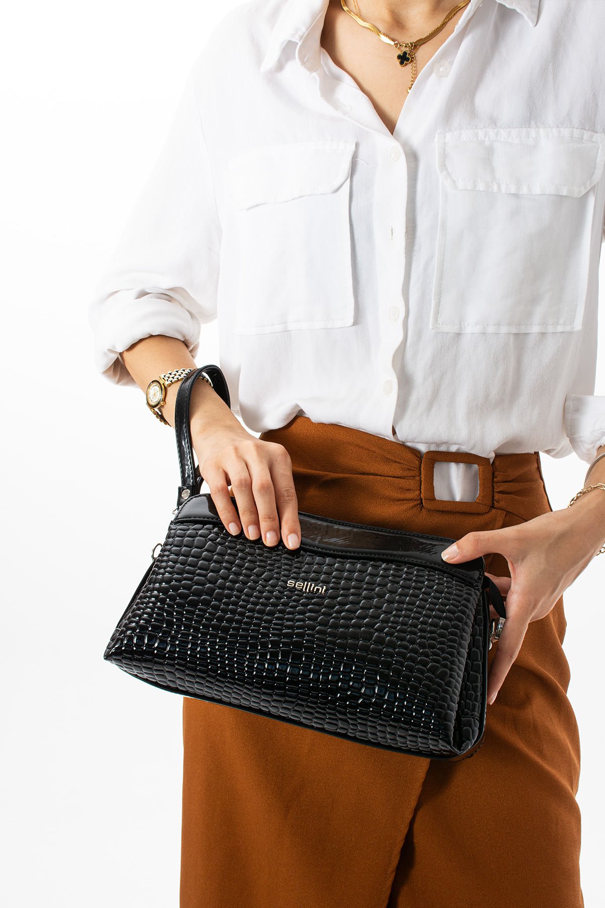 Sellini Kroko Siyah Çok Gözlü Kadın Portföy Çapraz Clutch Çanta 284