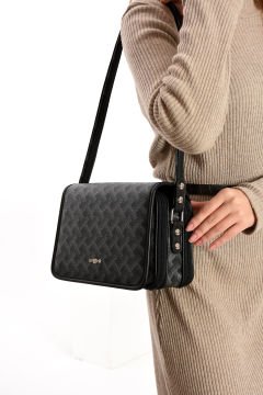 Sellini Çok Cepli Kapaklı Kadın Desenli Siyah Postacı Çapraz Çanta 027