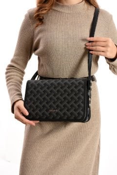 Sellini Çok Cepli Kapaklı Kadın Desenli Siyah Postacı Çapraz Çanta 027